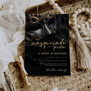 Black Gold Masquerade Party Invitation, Masquerade Birthday Party EDITABLE PRINTABLE at Home Digital Masquerade Prom, Halloween Party Invite