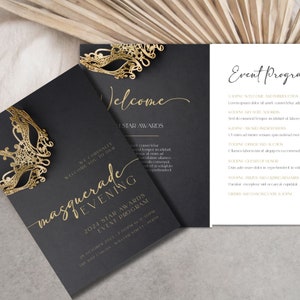 May include: A black and gold invitation for a masquerade evening event. The invitation features a gold masquerade mask and the text "Masquerade Evening" and "2021 Star Awards Event Program".