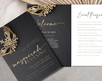 Black Gold Masquerade Party Program Template (Instant Download)