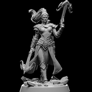 May include: A gray, detailed miniature figurine of a female elf warrior with long, flowing hair, wearing armor and holding a curved sword. The figurine is standing on a rocky base.