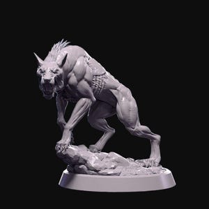 May include: A detailed, gray, 3D printed model of a snarling werewolf standing on a rocky base. The werewolf is sculpted with realistic muscle definition and fur.