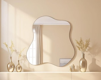 Asymmetrical Mirror, Bathroom Vanity Mirror, Mirror Wall Decor, Walnut Mirror, Floor Mirror, Vanity Mirrors, Wavy Mirror, Wall Mirror