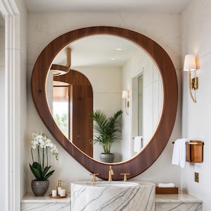 Mirror, Bathroom Mirror, Living Room Mirror, Bedroom Mirror, Home Decor Mirror, Vanity Mirror, Walnut Frame Mirror, Asymmetrical Mirror