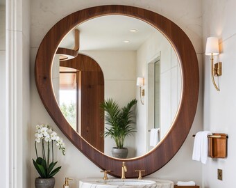 Mirror, Bathroom Mirror, Living Room Mirror, Bedroom Mirror, Home Decor Mirror, Vanity Mirror, Walnut Frame Mirror, Asymmetrical Mirror