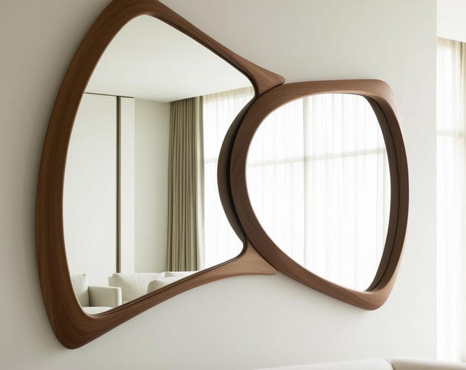 Featured listing image: Asymmetrical Mirror, Large Mirror, Luxury Mirror, Walnut Frame Mirror, Decorative Mirror, Handmade, Living Room Mirror, Bedroom Mirror