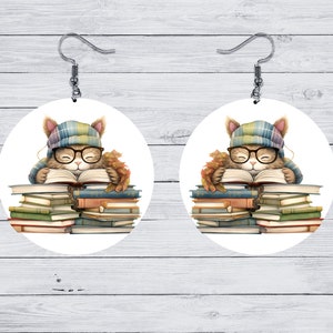 Cats & Books Round Earrings – Sublimation Printed MDF – Bookish Cat Lady Jewelry - Collection 3