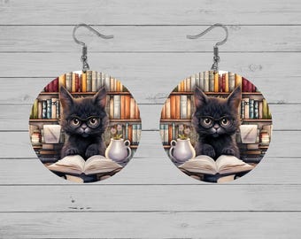 Cats & Books Round Earrings – Sublimation Printed MDF – Bookish Cat Lady Jewelry - Collection 1
