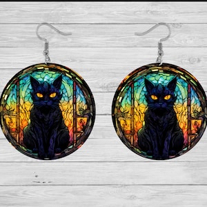 ステンドグラス猫イヤリング - 黒猫コレクション 2