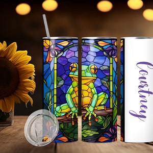 Personalized Frog Tumbler – 20 oz Stainless Steel – Stained Glass Inspired Frog Cup – Custom Amphibian Gift – Whimsical Travel Mug