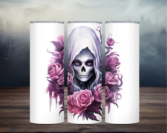 May include: A white stainless steel tumbler with a design of a skull wearing a white hood and surrounded by pink and purple roses.