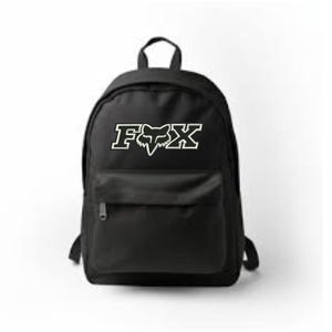 May include: Black backpack with a white Fox logo. The logo features the word "FOX" in bold letters with a fox head inside the "O".