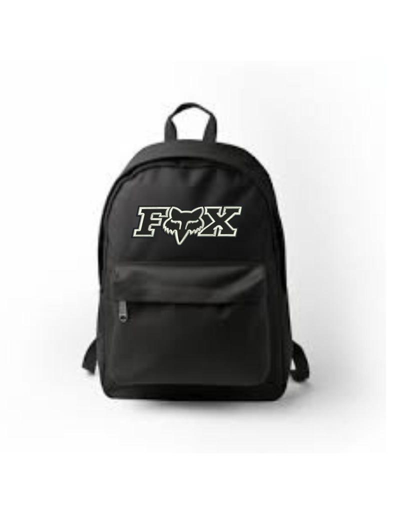 May include: Black backpack with a white Fox logo. The logo features the word "FOX" in bold letters with a fox head inside the "O".