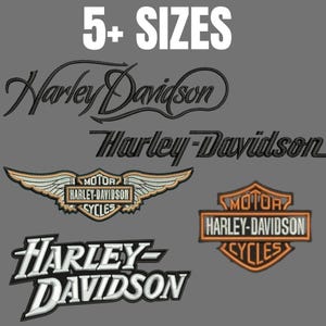May include: A collection of five distinct Harley-Davidson embroidered patches featuring various logo styles, including script lettering, winged emblems, and shield designs in black, white, and orange thread against a solid gray background with the text 5+ SIZES.