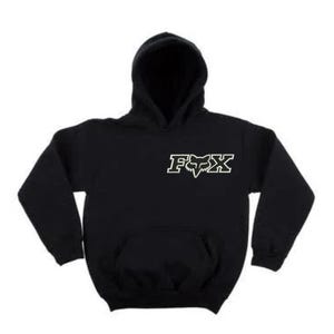 May include: Black hooded sweatshirt with a white Fox logo on the front.