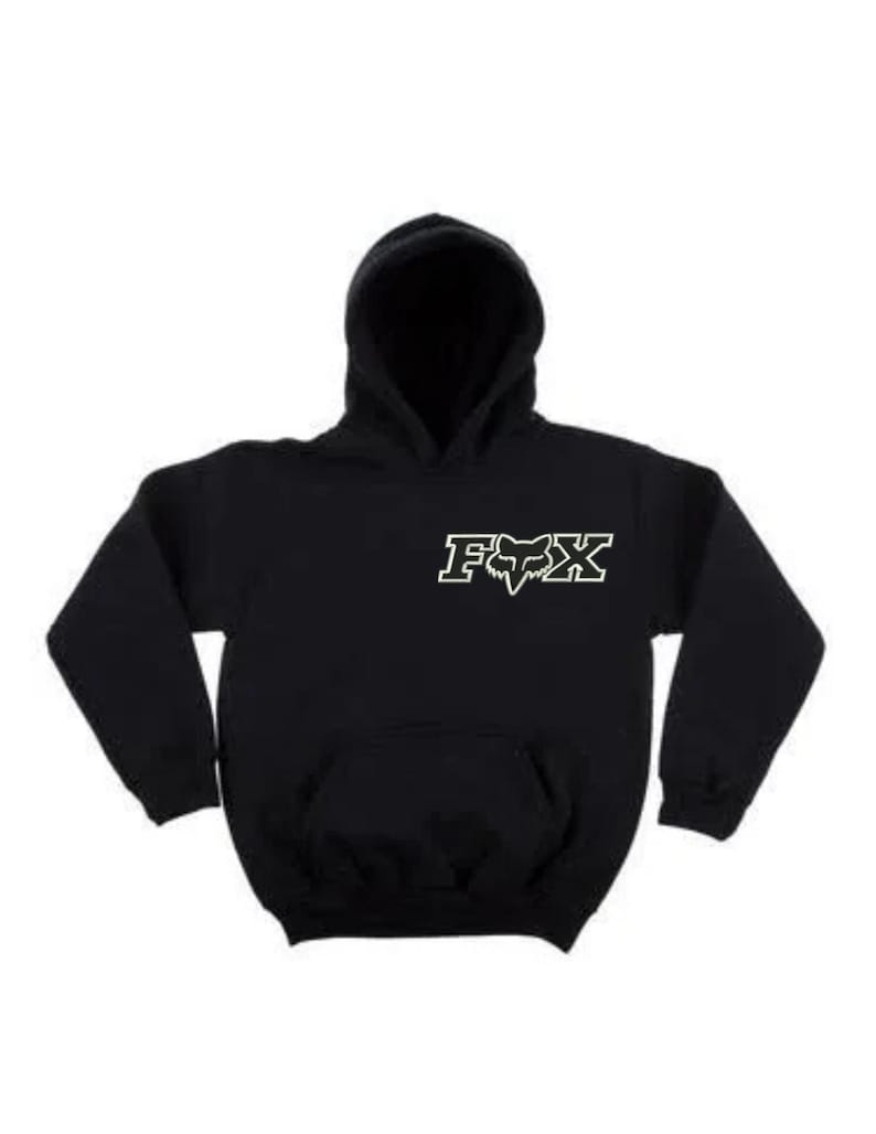 May include: Black hooded sweatshirt with a white Fox logo on the front.