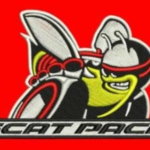 Puede incluir: Parche bordado con una abeja de dibujos animados estilizada con gafas de sol, en negro, blanco, amarillo y rojo, sobre un fondo rojo. El texto "SCAT PACK" se muestra en blanco sobre una pancarta rectangular negra.