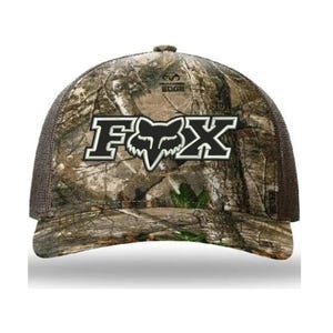 May include: A brown and black camouflage baseball cap with a black and white Fox logo on the front. The logo says "FOX" in a bold font with a fox head in the middle.
