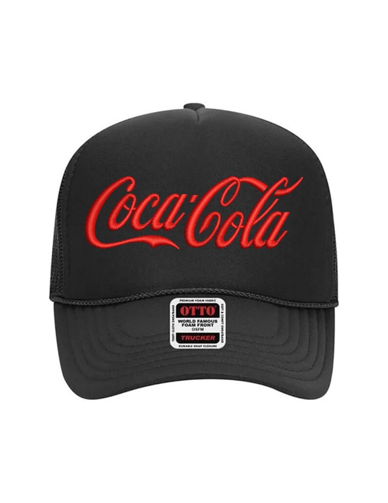 May include: Black trucker hat with a red embroidered Coca-Cola logo. The hat has a black mesh back and a black foam front. The hat also has a small black and white label that says "OTTO WORLD FAMOUS FOAM FRONT CAP TRUCKER DURABLE SNAP CLOSURE".