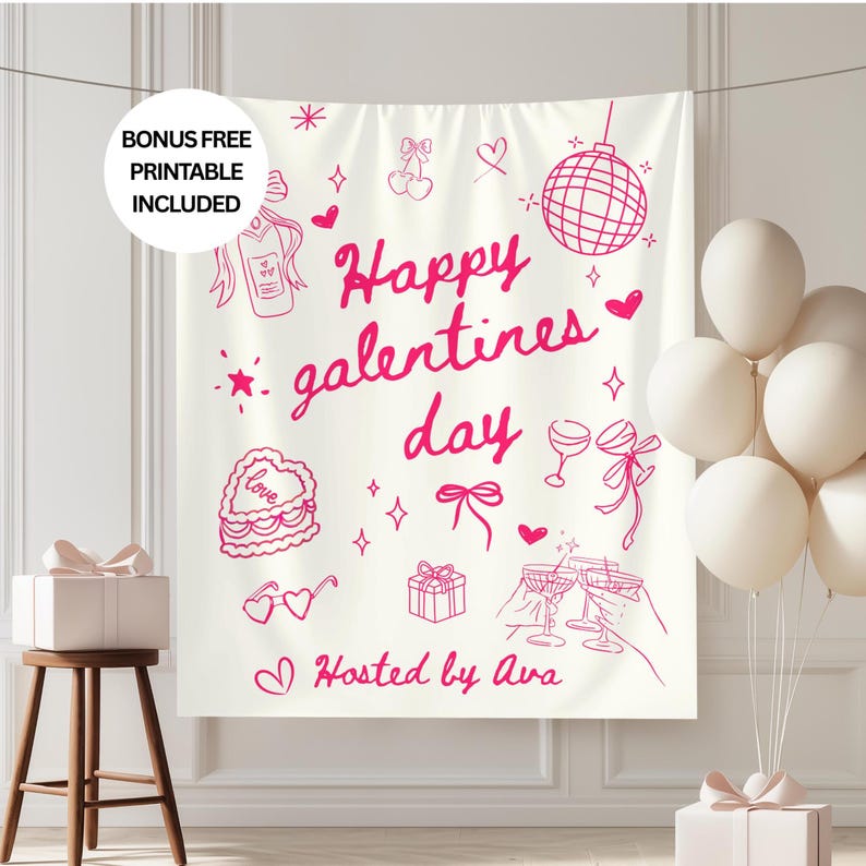 Banner Galentine, achtergrond Valentijnsdag, muurbanner aangepaste stof, decor Girls Night, bord Valentijnsdag afbeelding 1