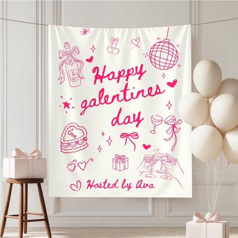 Op de afbeelding: Een witte achtergrond met roze illustraties en tekst. De woorden "Happy galentines day" zijn geschreven in een cursief lettertype. De achtergrond bevat tekeningen van een champagnefles, taart, glazen en andere feestelijke elementen. De tekst "Hosted by Ava" is ook opgenomen.