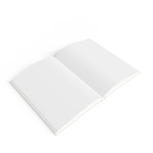 May include: An open, blank notebook with white pages. The notebook is lying open on a white surface, with the left and right pages visible. The pages are clean and ready for writing or drawing.