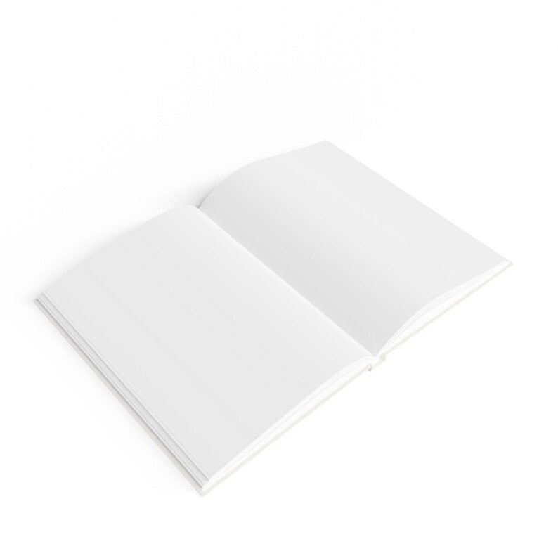 May include: An open, blank notebook with white pages. The notebook is lying open on a white surface, with the left and right pages visible. The pages are clean and ready for writing or drawing.