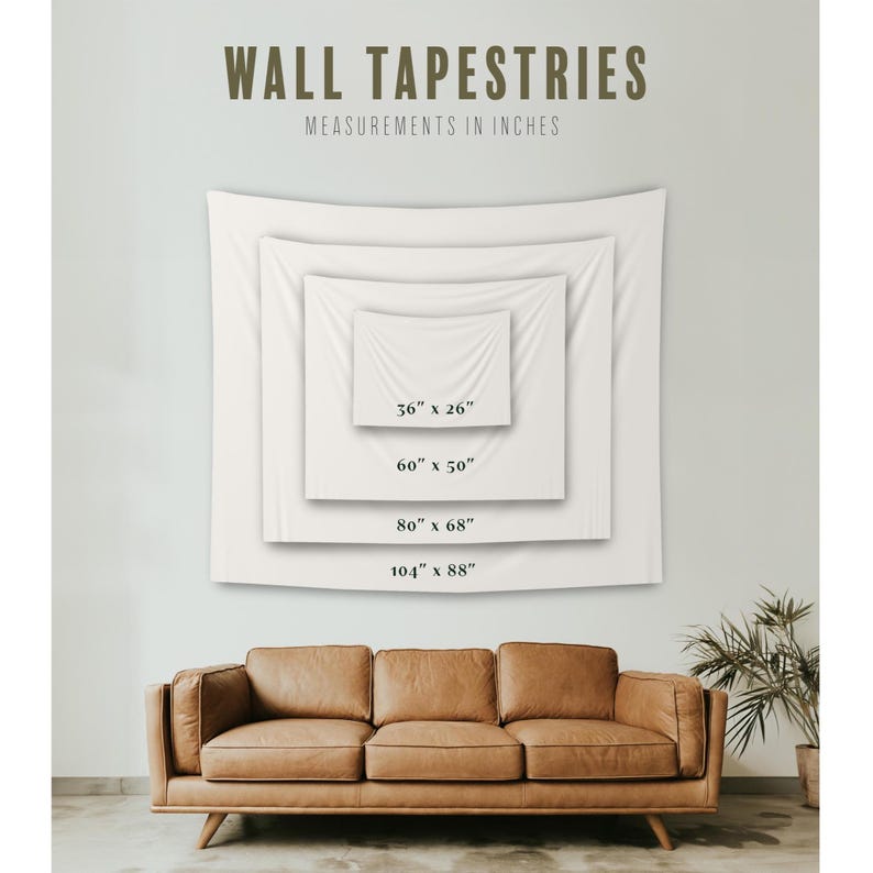 Op de afbeelding: Weergave van witte wandtapijten in verschillende maten, met afmetingen in inches: 36" x 26", 60" x 50", 80" x 68", en 104" x 88" (ongeveer 91cm x 66cm, 152cm x 127cm, 203cm x 173cm, 264cm x 223cm). De tekst "WALL TAPESTRIES" staat bovenaan.