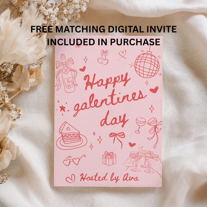 Op de afbeelding: Een roze uitnodigingskaart voor Valentijnsdag met rode illustraties. De kaart bevat afbeeldingen van champagne, kersen, cake en glazen, met de tekst "Happy Galentine's Day". De tekst "Hosted by Ava" is ook opgenomen.