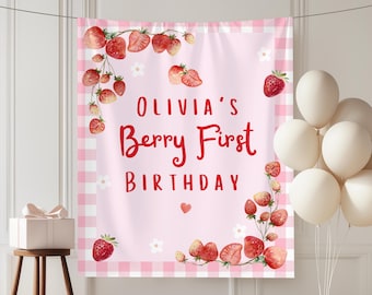 Berry First Birthday Banner -  Berry 1st Party Decorations, My Berry First Birthday Sign, Strawberry 1st Birthday Backdrop Wall Tapestry