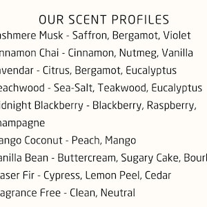 A list of different scent profiles for candles, including Cashmere Musk, Cinnamon Chai, Lavender, Beachwood, Midnight Blackberry, Mango Coconut, Vanilla Bean, Fraser Fir, and Fragrance Free.