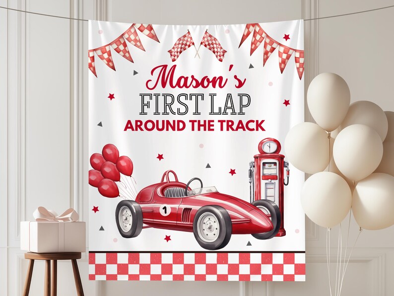 Race Car 1st Birthday Party Decor Banner First Lap Around the Track ...