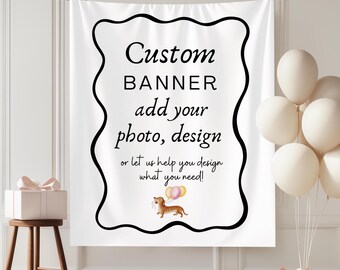 Aangepaste banner, foto gepersonaliseerde feest wandtapijt achtergrond, verjaardag babyshower bruiloft vrijgezellenfeest welkomstbord