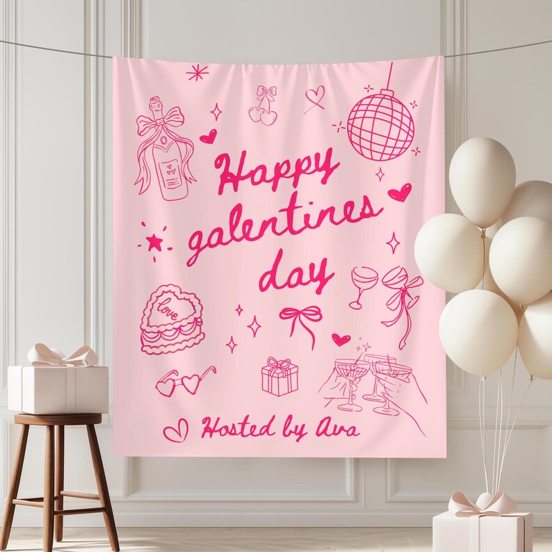 Op de afbeelding: Een roze achtergrond met de tekst "Happy Galentines Day" in een sierlijk lettertype, versierd met roze illustraties. Deze omvatten een champagnefles, harten, een discobal en een taart. Witte ballonnen en een geschenkdoos zijn ook zichtbaar.