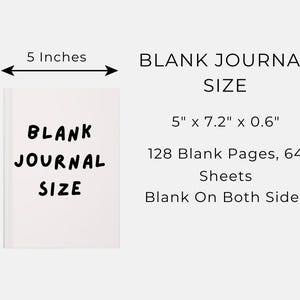 以下が含まれることがあります： 「BLANK JOURNAL SIZE」の文字が入った白い無地のジャーナル。 ジャーナルのサイズは幅12.7cm、高さ18.3cm、厚さ1.5cmです。 128枚の白紙、64枚のシートがあり、両面が無地です。