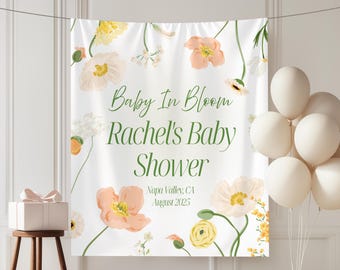 Banner floral para baby shower "Baby In Bloom": Letrero de bienvenida con flores y fondo de flores silvestres