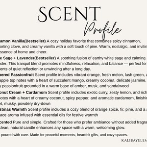 May include: A cream-colored graphic with the title "SCENT Profile" in elegant script. The text below details various fragrance profiles, including Cinnamon Vanilla, White Sage + Lavender, Peppered Passionfruit, Coconut Cream + Cardamom, Christmas Warmth, and Unscented.