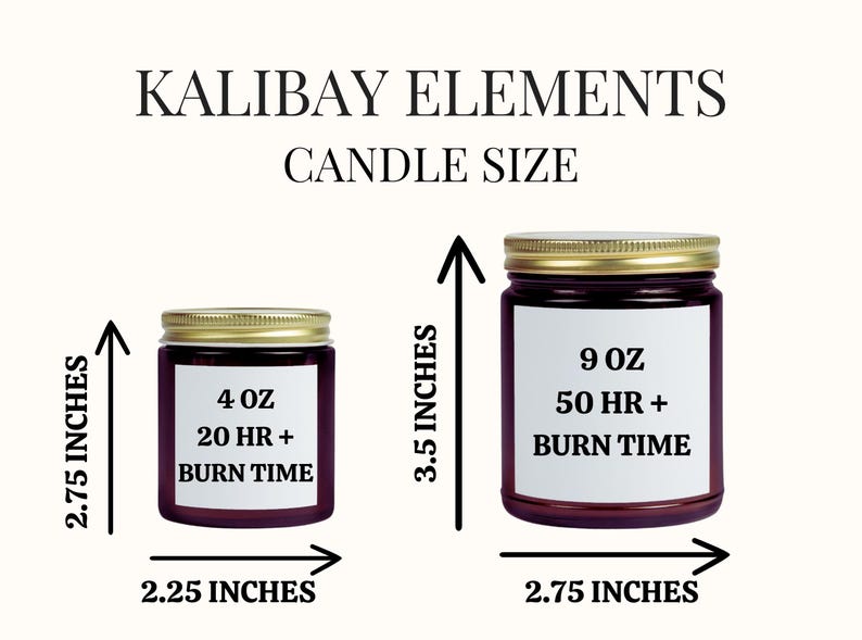 Two candles, one 4 oz and one 9 oz, with burn times of 20 hours and 50 hours respectively. The candles are in glass jars with gold lids. The jars are 2.25 inches wide and 2.75 inches wide, and 2.75 inches and 3.5 inches tall.