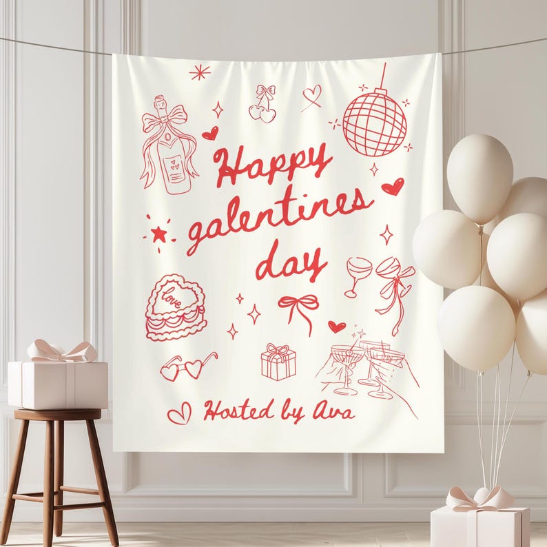 Op de afbeelding: Een cr&egrave;mekleurige banner met rode lijntekeningen en tekst. De banner bevat tekeningen van een champagnefles, harten, glazen en cadeaus. De woorden "Happy galentines day" zijn in een cursief lettertype geschreven, met daaronder "Hosted by Ava".