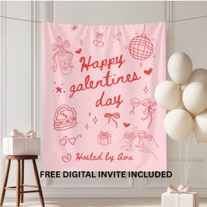 Op de afbeelding: Een roze achtergrond voor Valentijnsdag met rode illustraties en de tekst "Happy Galentines Day". De afbeelding toont een champagnefles, harten, glazen en witte ballonnen. Digitale uitnodiging inbegrepen.