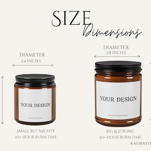 May include: Two brown glass jars with black lids are displayed, showcasing size dimensions. The smaller jar has a 2.4-inch diameter and a 2.7-inch height. The larger jar has a 2.8-inch diameter and a 3.5-inch height. Both jars have a white label with the text "YOUR DESIGN".