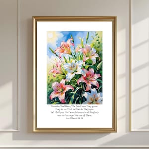 Watercolor Lilies Bible Verse Print: Christian Home Decor (Digital Download
