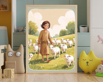Lámina infantil "Pastor y corderos": Decoración cristiana para la habitación del bebé (Descarga digital)