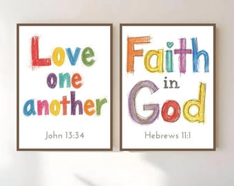 Christian Wall Art Set of 2, Love One Another John 13:34, Faith in God Hebrews 11 1, Bible Verse Prints for Nursery, Homeschool Decor