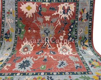 Oushak Rug, Hand Knotted Wool Rug, Vintage Turkish Area Rug, Red Blue Floral Carpet, Traditional Living Room Bedroom Rug, Custom Size
