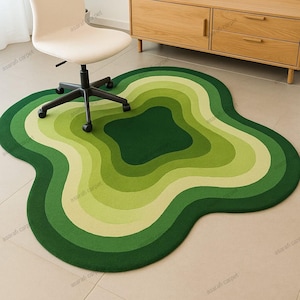 Wavy Green Irregular Hand Tufted Amoeba Shape Custom Area Rug for Living Room, Modern Abstract Layered 6x9 8x10 Wool Rugs for Bedroom