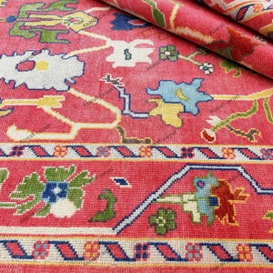 Pink Oushak Hand Knotted Rug – Turkish Wool Carpet – Vintage-Style Floral Area Rug – Bohemian Home Decor –  6x9 8×10 9×12 10×14 ft Approx