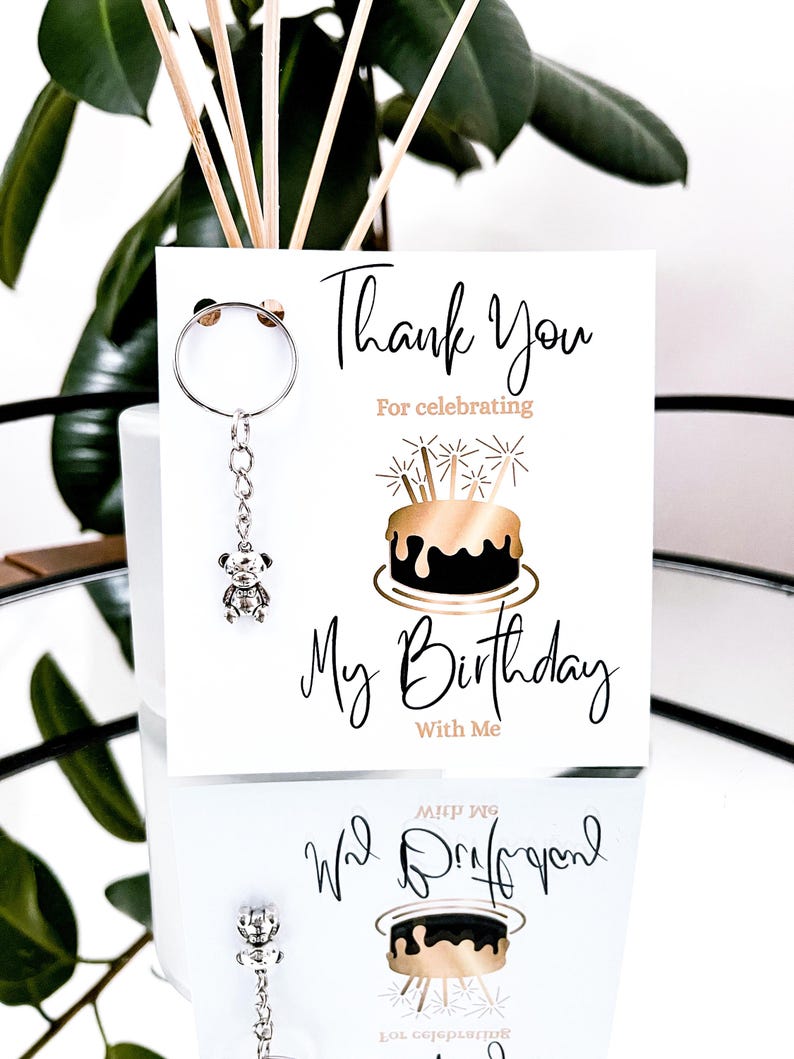 May include: A white card with the text "Thank You For celebrating My Birthday With Me" and a gold and black cake illustration. A silver teddy bear keychain hangs from the top. The card is displayed in front of a plant.
