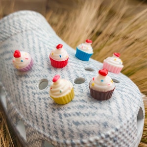 May include: A grey and white patterned shoe with five colourful cupcake charms attached. The cupcakes are decorated with red, white and blue frosting and sprinkles.