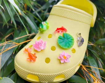 Lotus Pond Shoe Charms | Flower, Goldfish, Frog Shoe Clips - Set of 7
