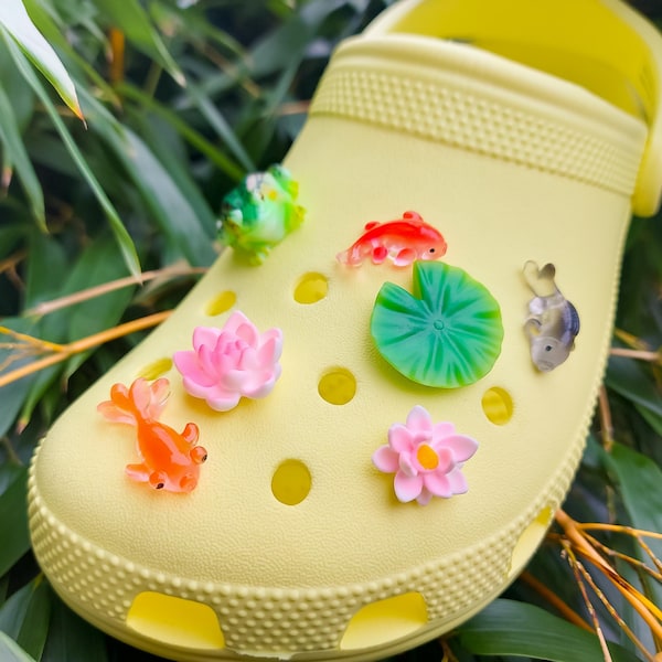 Lotus Pond Shoe Charms | Flower, Goldfish, Frog Shoe Clips - Set of 7